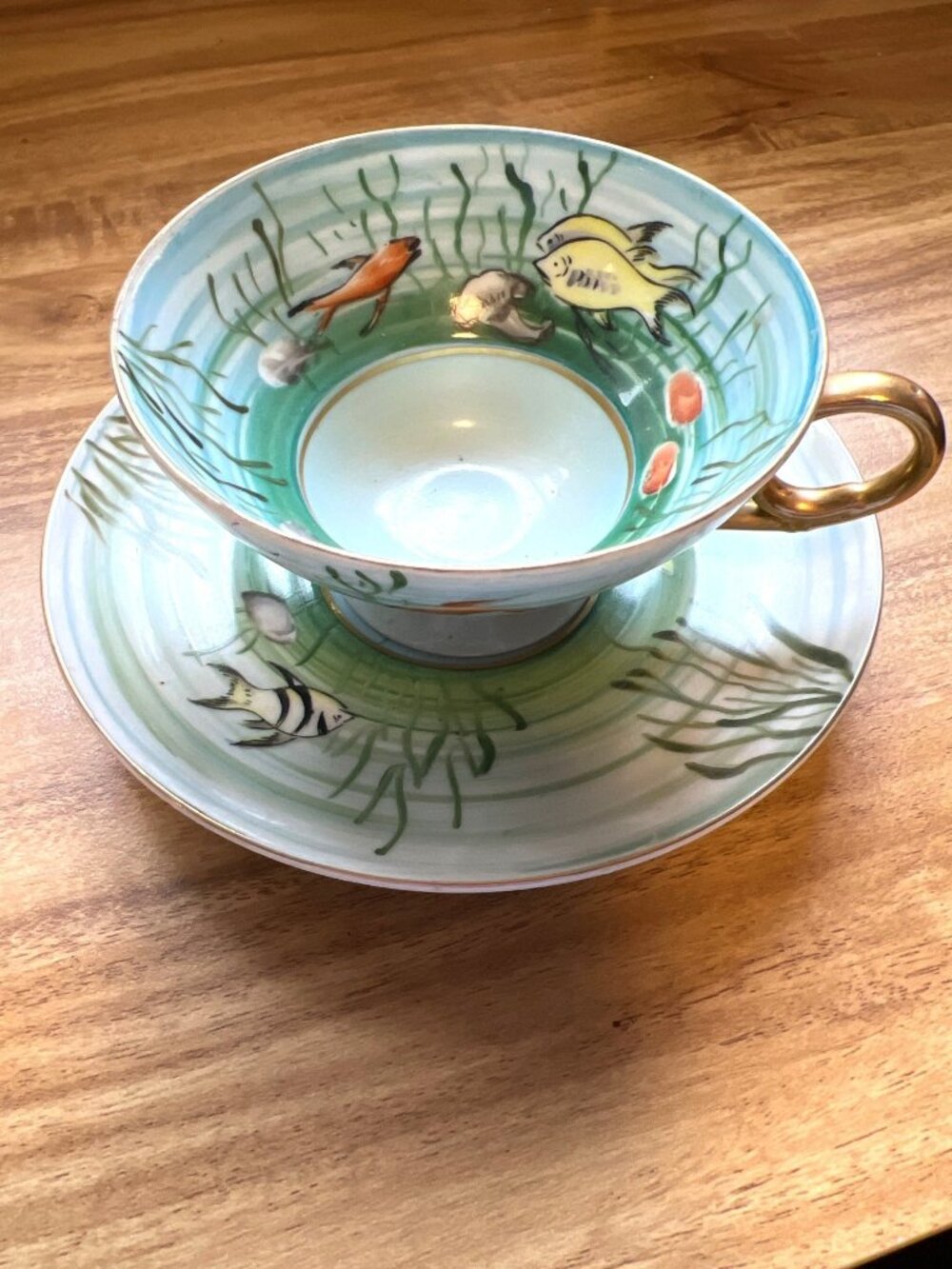 Made in Japan Hand Painted Koi Fish Pond Teacup & Saucer Angel Fish Tropical